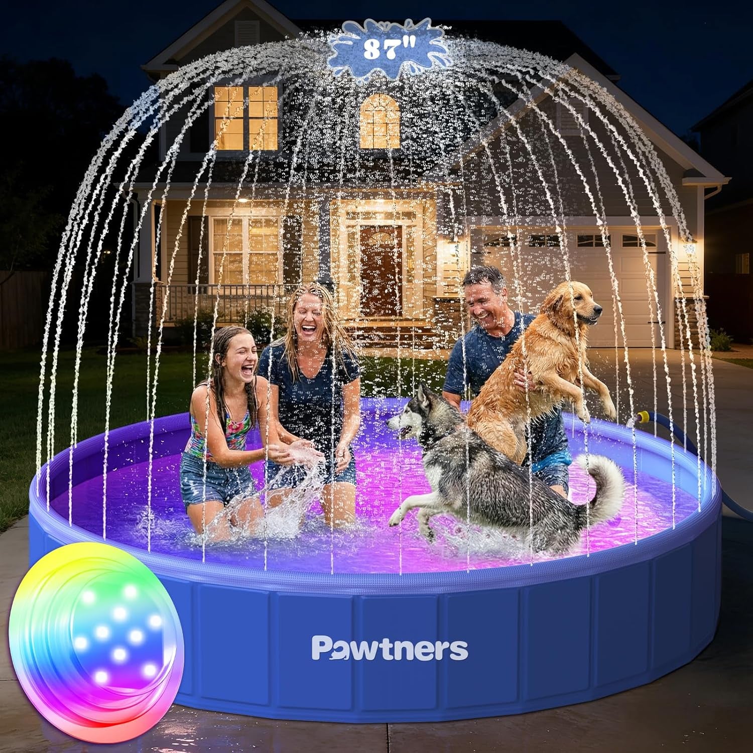 87" Foldable Dog Pool with Sprinkler & RGB LED Light, Collapsible Hard Plastic Swimming Pool for Small Large Dogs Cats and Kids, Portable Pet Bathing Tub Wading Pool for Backyard Camping Blue