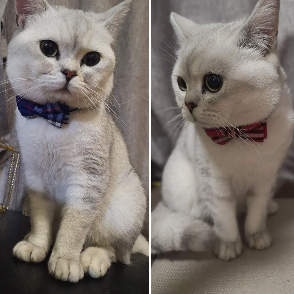Cat Collar Breakaway with Bell and Bow Tie, Plaid Design Adjustable Safety Kitty Kitten Collars Set of 2 Pcs(6.8-10.8In) (Red&Blue Plaid)