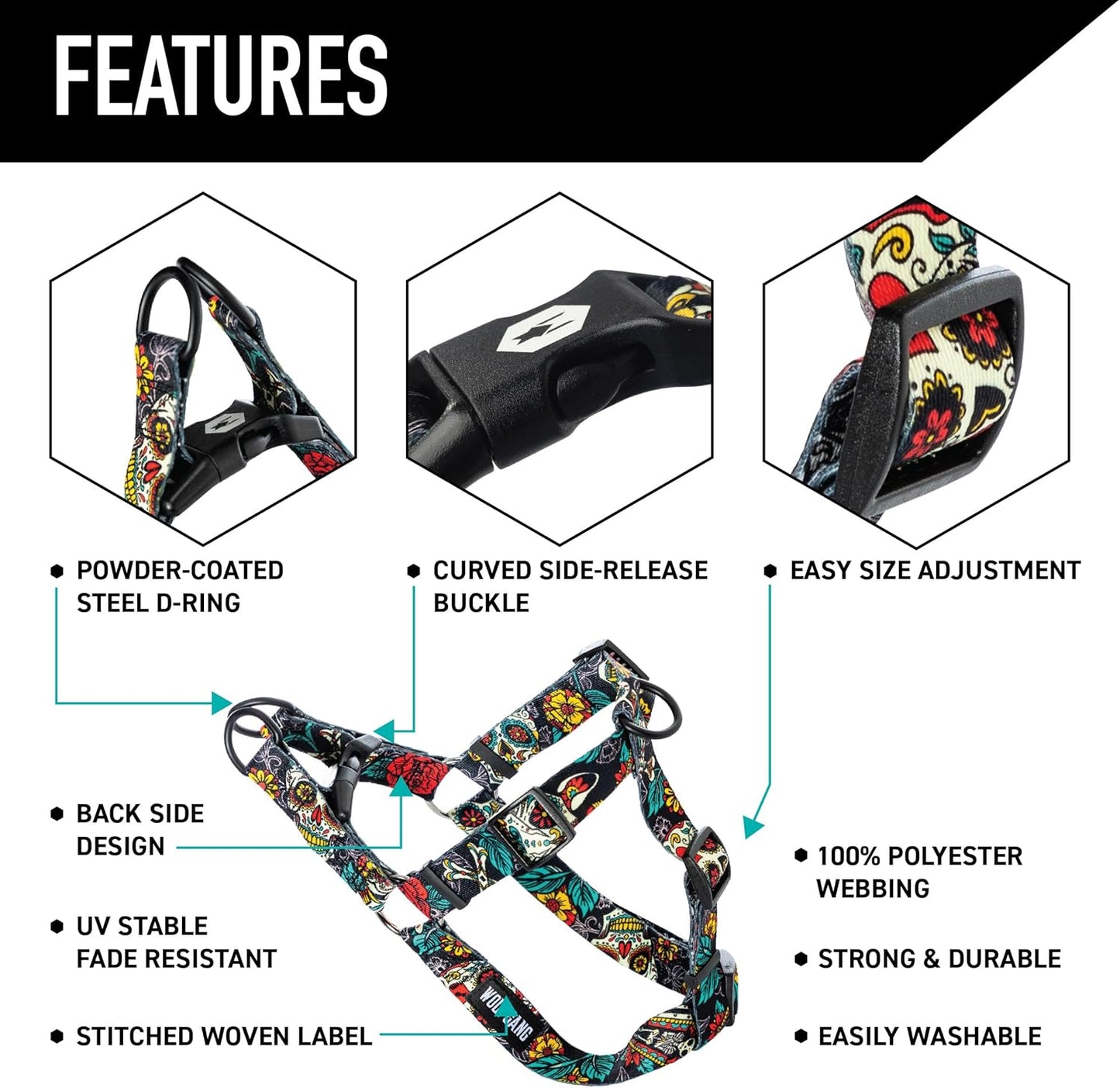 Wolfgang Heavy Duty Adjustable Dog Harness, Pull-Tested to over 800 Lbs for Walking & Training, Losmuertos Print, Large