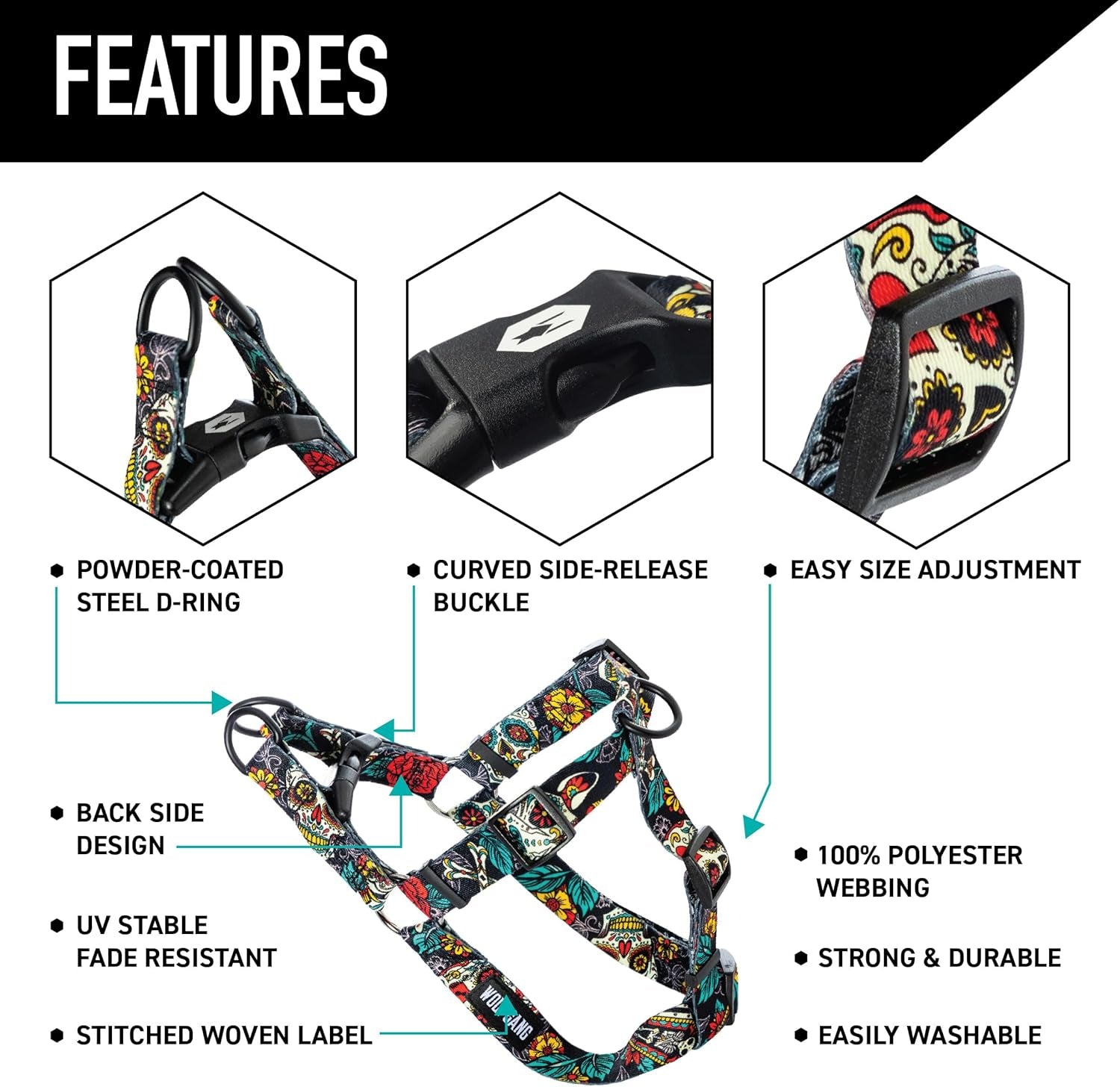 Wolfgang Heavy Duty Adjustable Dog Harness, Pull-Tested to over 800 Lbs for Walking & Training, Losmuertos Print, Large