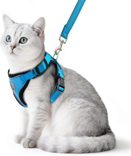 Cat Harness and Leash Set Escape Proof Reflective Cat Walking Harness Adjustable Soft Breathable Mesh Vest for Small Pets, Blue, M