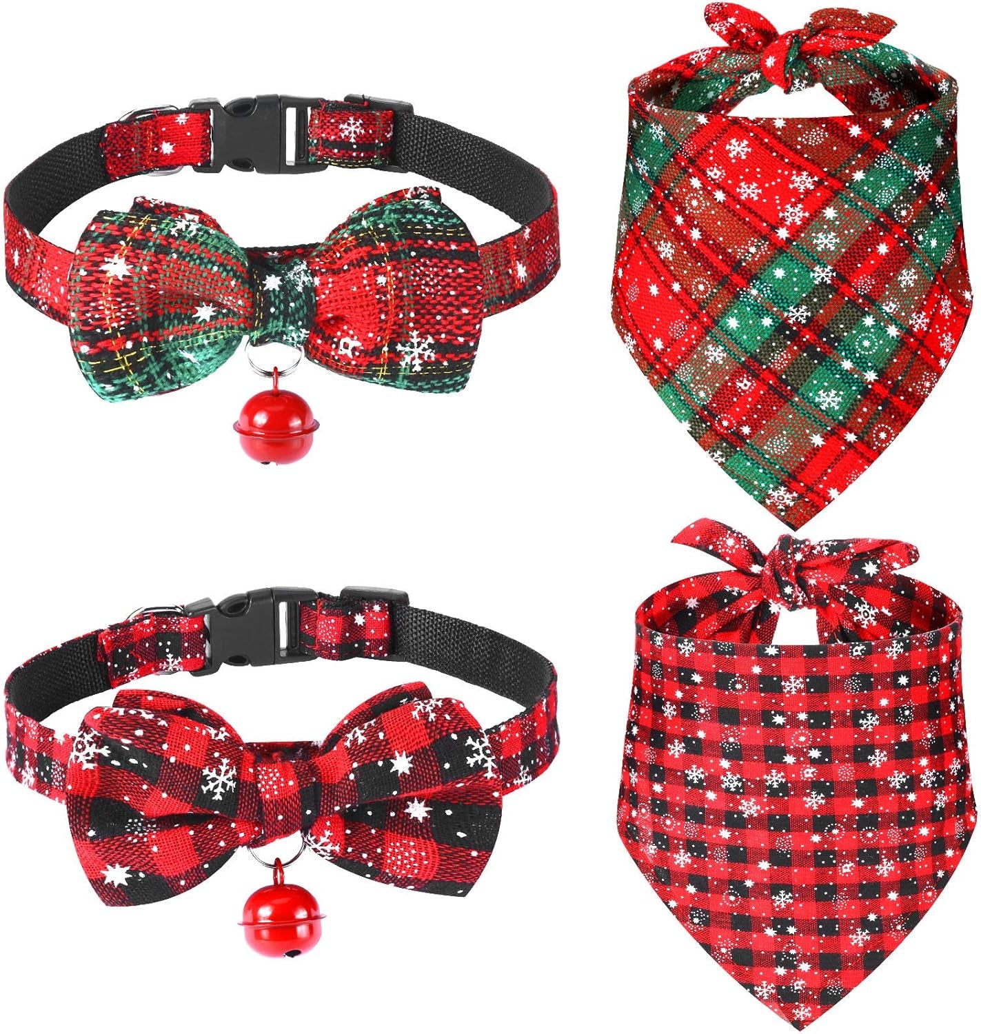 4 Pieces Christmas Dog Bandanas and Collars Set Xmas Christmas Classic Plaid Dog Neck Tie Triangle Bib Scarf Kerchief Adjustable PET Bow Tie with Safety Bell Costume for Cat(S,Stylish Style)
