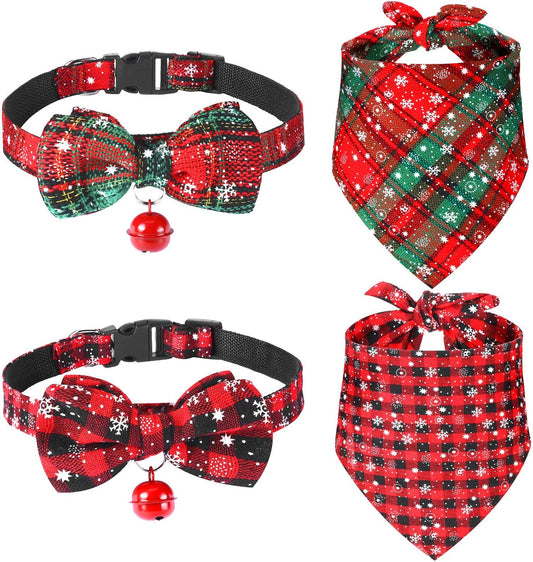 4 Pieces Christmas Dog Bandanas and Collars Set Xmas Christmas Classic Plaid Dog Neck Tie Triangle Bib Scarf Kerchief Adjustable PET Bow Tie with Safety Bell Costume for Cat(S,Stylish Style)