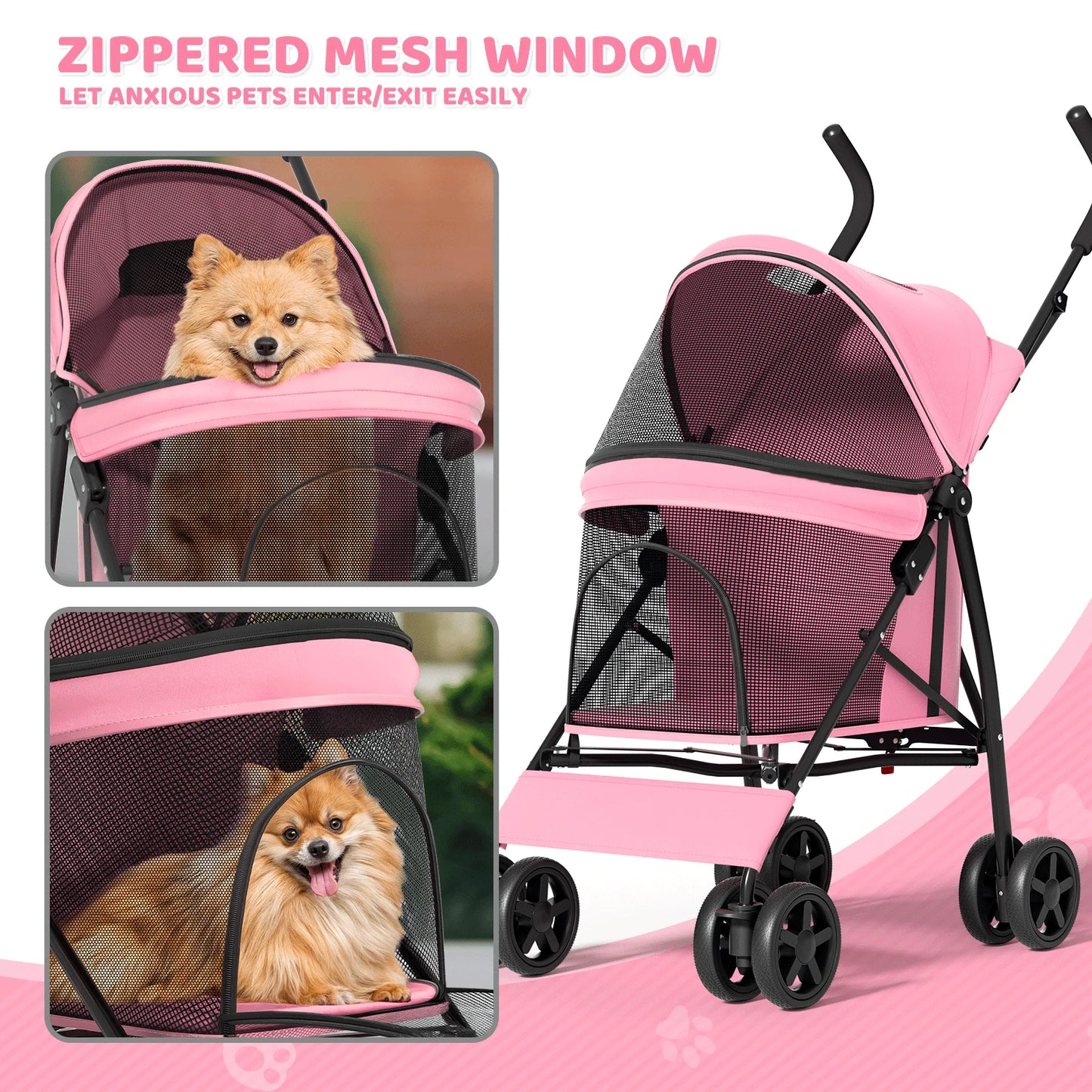 4 Wheel Foldable Lightweight Dog Stroller for Small Medium Dogs, Pet Stroller, (Pink)
