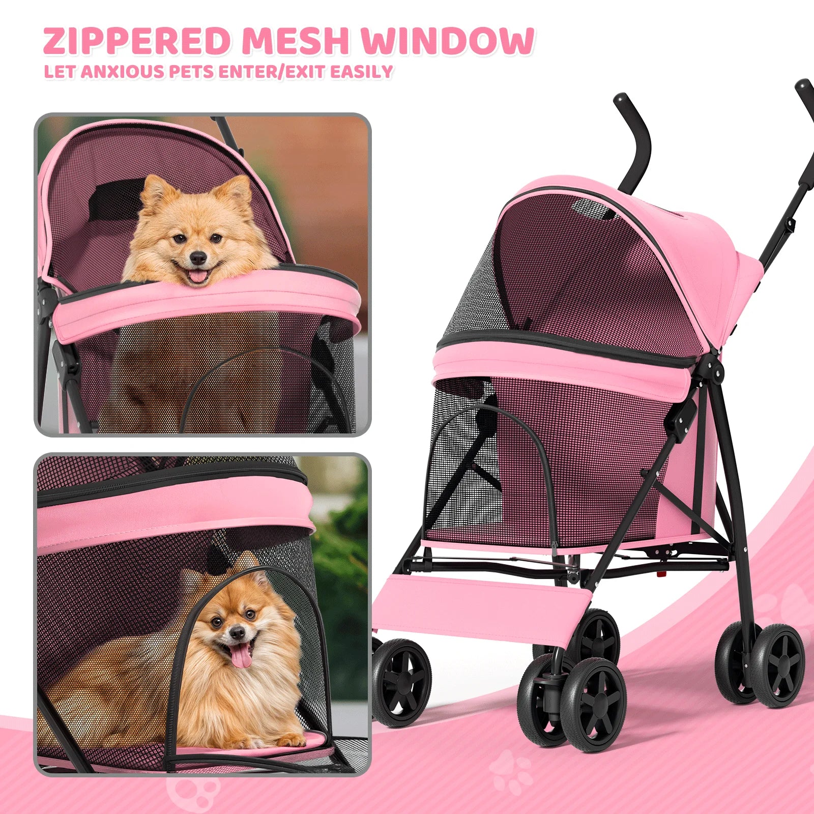 4 Wheel Foldable Lightweight Dog Stroller for Small Medium Dogs, Pet Stroller, (Pink)