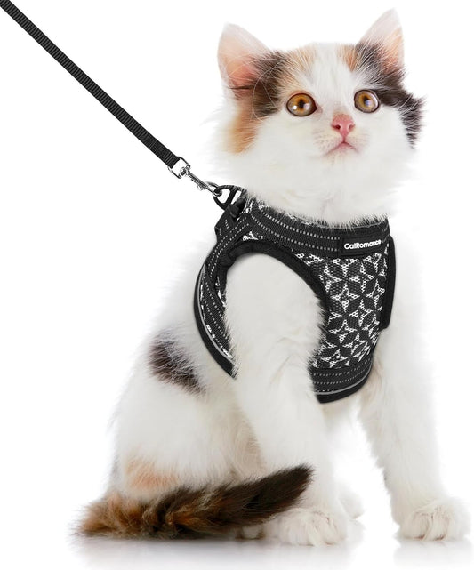 Cat Harness and Leash Escape Proof for Walking, Safe Adjustable Medium Kitten Vest Set with Reflective Strip for Kitty, Easy Control Comfortable Soft Outdoor Pet Harnesses, Black, Medium