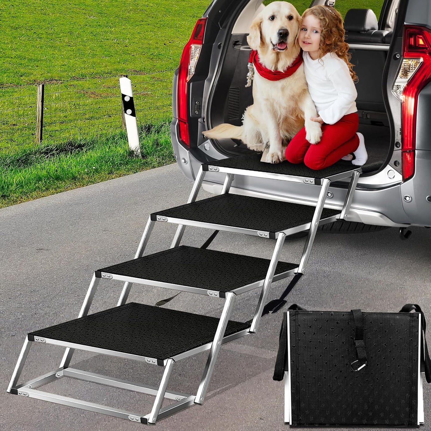 Dog Ramp for Car, Extra Wide Dog Stair for Large Dogs Car, Pet Steps Light Weight Aluminum Foldable Dog Steps for Cars and Suv,High Beds, Trucks, Supports up to 200 Lbs (Extra Wide-4 Steps)