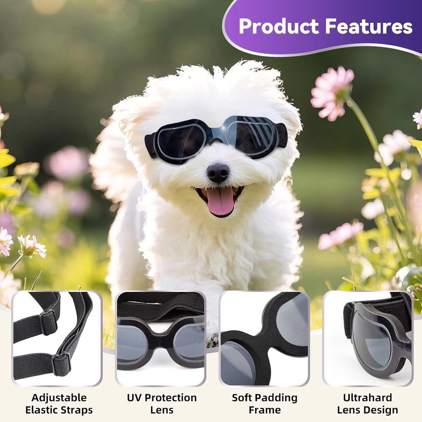 Dog Sunglasses Small Breed, Anti-Uv Puppy Goggles for Small Dogs, Windproof Outdoor Dog Eye Protection for Driving Biking, Adjustable Head Straps, Cool Black
