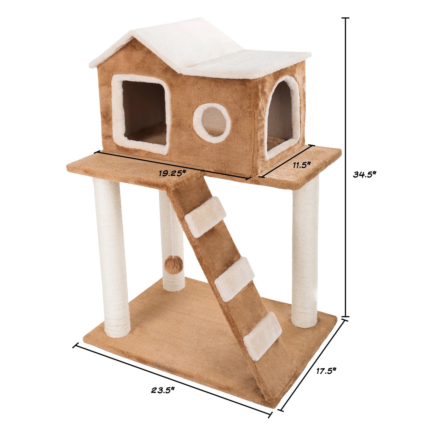 35In Cat Tree with Ladder, House, Scratch Posts, and Toy (Brown)