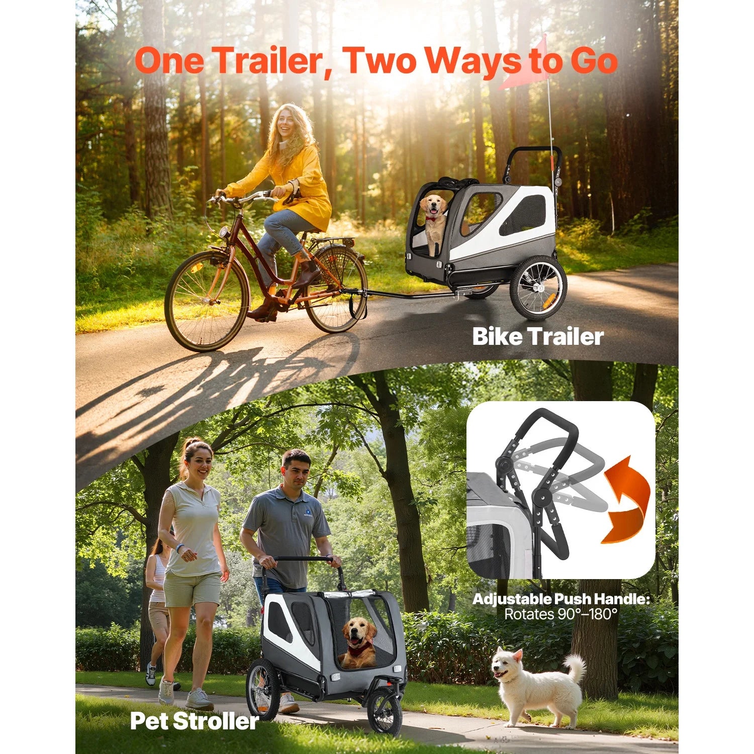 Dog Bike Trailer, Holds up to 100 Lbs, 2-In-1 Pet Stroller and Bicycle Carrier for Small and Large Dogs, Foldable Frame with Quick-Release Wheels, Universal Bike Hitch, Built-In Safety Leash