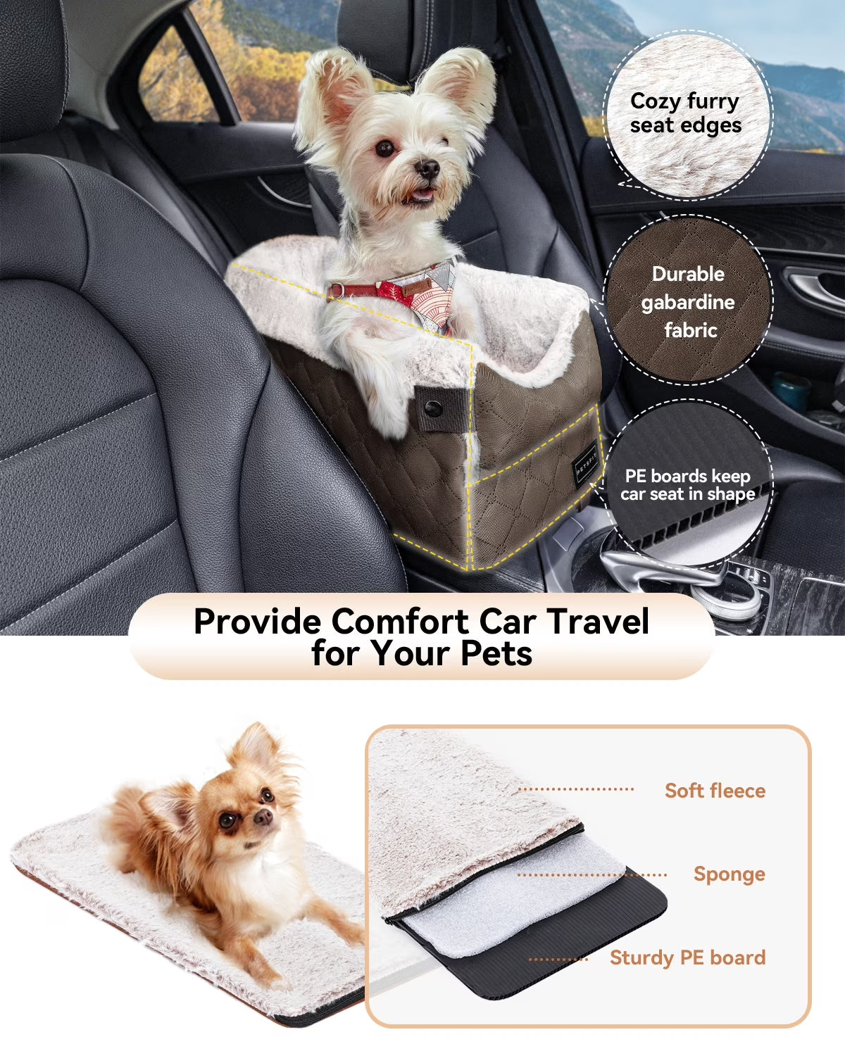 Center Console Dog Car Seat with Safe Protection Hooks, Pet Car Seat with Upgraded Safety Tethers, Washable Cushion, Console Dog Car Seats for Small Dogs (Coffee)