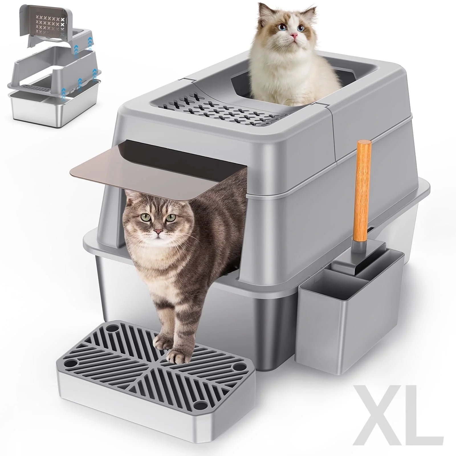 Stainless Steel Enclosed Cat Litter Box, Extra Large Top Entry with 110° Flip Cover & Pedal, Anti-Leakage, Grey