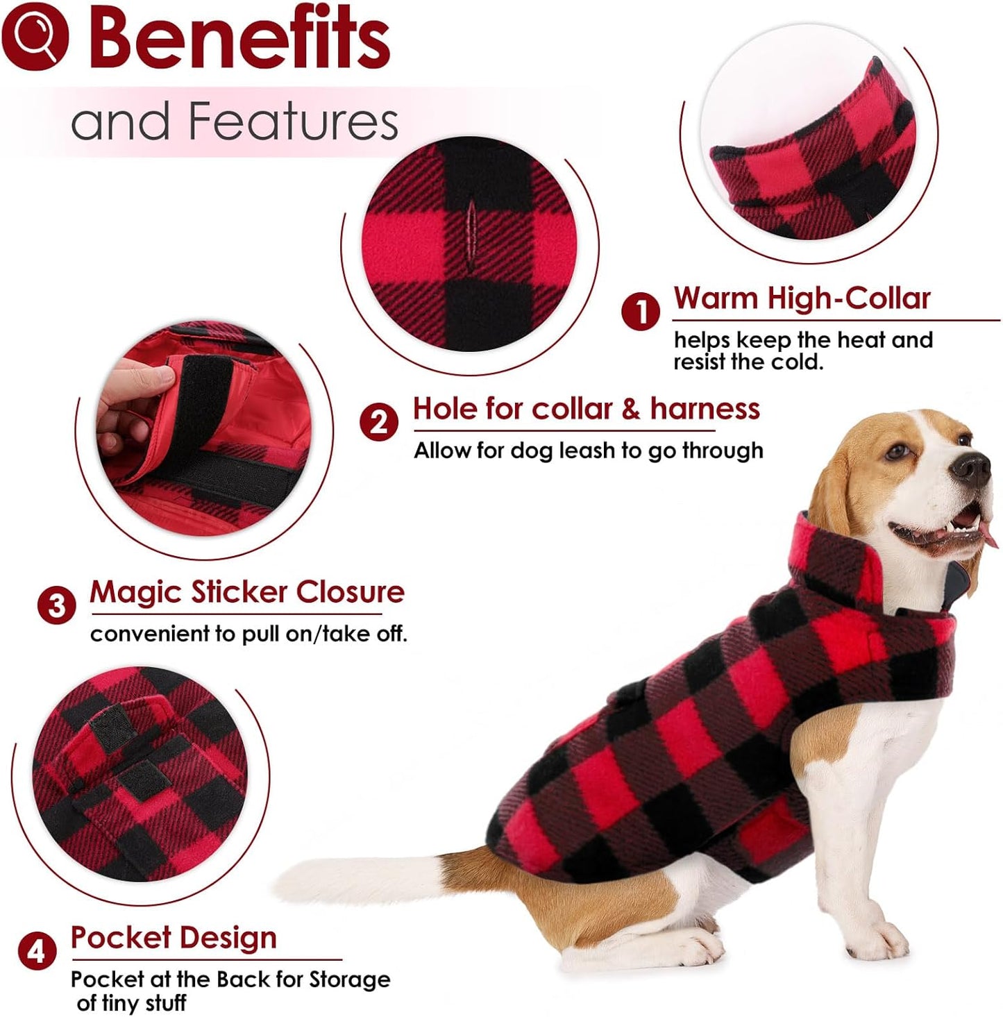 Dog Coat Plaid Dog Winter Coat for Large Dogs, Warm Dogs Jacket Christmas Sweater, Waterproof Pet Puffer Jacket, Reversible Pet Cold Weather Coats for Small Medium Large Pets, Red XL