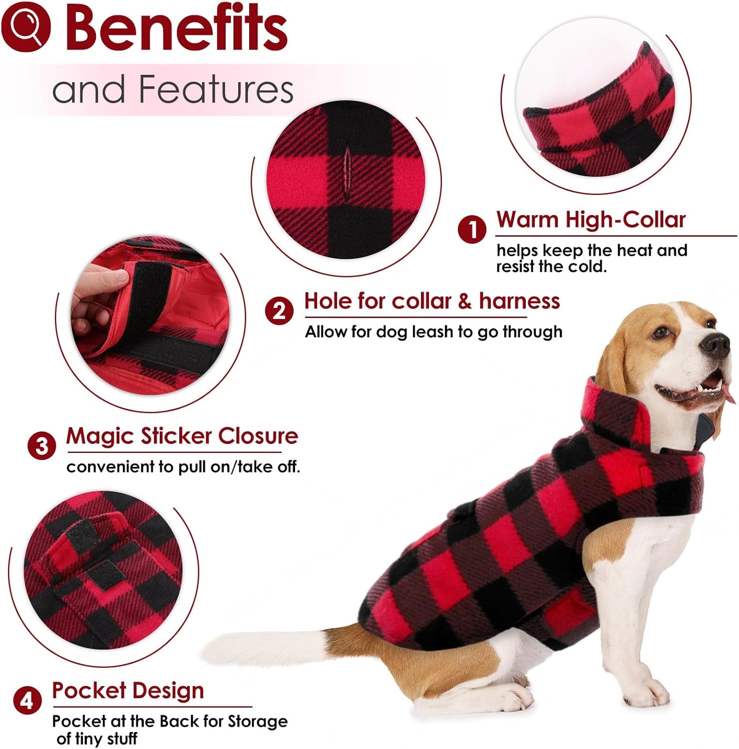 Dog Coat Plaid Dog Winter Coat for Large Dogs, Warm Dogs Jacket Christmas Sweater, Waterproof Pet Puffer Jacket, Reversible Pet Cold Weather Coats for Small Medium Large Pets, Red XL
