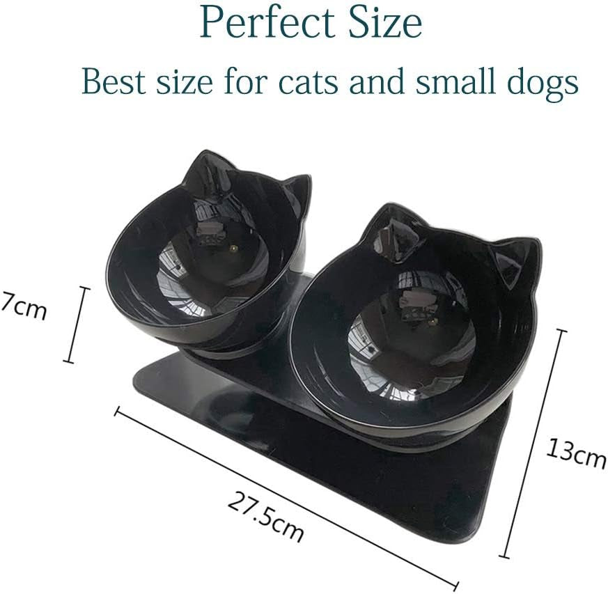 Double Elevated Cat Bowls with Raised Stand, 15 Tilted Cat Bowl Design Neck Guard Stand Raised Pet Food Water Feeder Bowl for Cats or Small Dogs