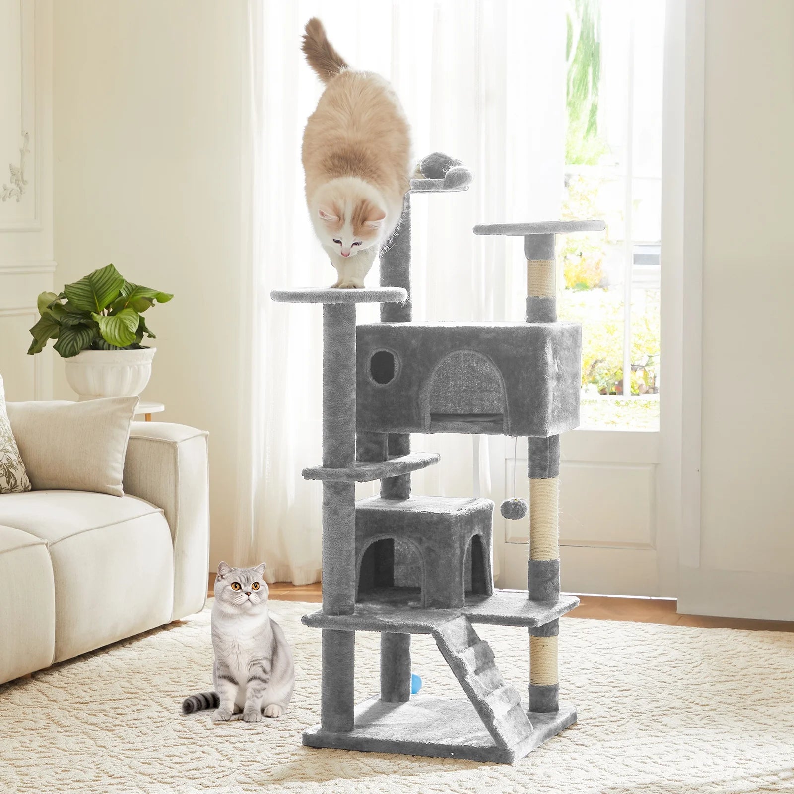 54" Cat Tree Tower Multi-Level with Scratching Post, Large Condo for Indoor, Light Gray