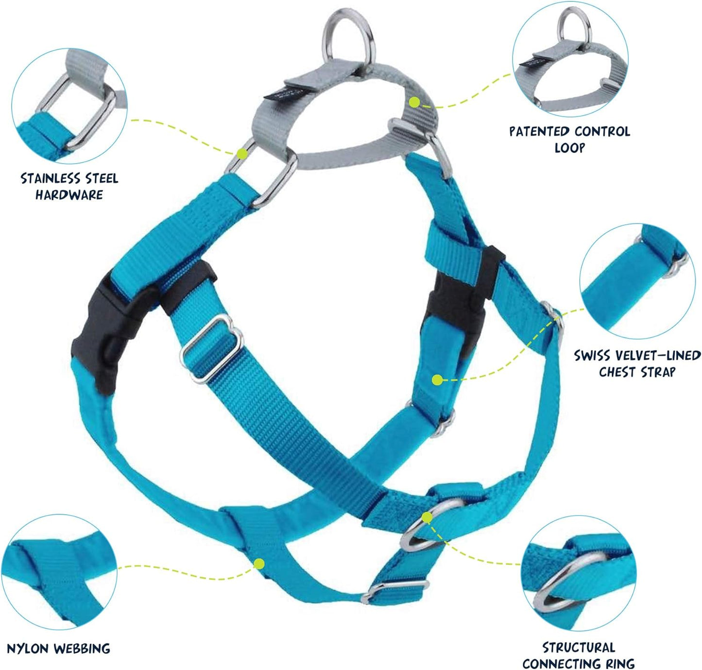 Freedom No Pull Dog Harness, Adjustable Harness and Leash Set, Easy Walking & Comfortable Control, Fits Small, Medium & Large Dogs, Solid Colors, Made in USA, 5/8" MD, Turquoise