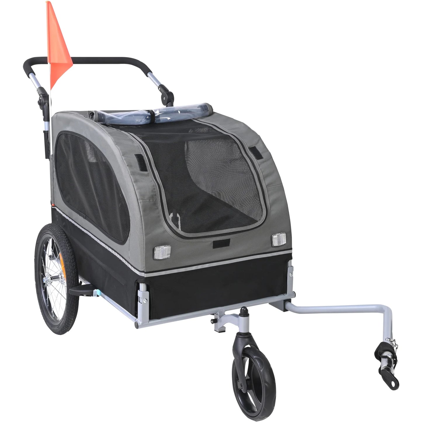 Pet Bike Trailer, up to 88 Lbs Capacity, Dual-Function Dog Stroller and Bicycle Hitch, Foldable Frame with Snap-On Wheels, Includes Bike Attachment, Safety Reflectors, and Flag, Black/Gray