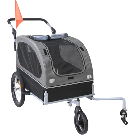 Pet Bike Trailer, up to 88 Lbs Capacity, Dual-Function Dog Stroller and Bicycle Hitch, Foldable Frame with Snap-On Wheels, Includes Bike Attachment, Safety Reflectors, and Flag, Black/Gray