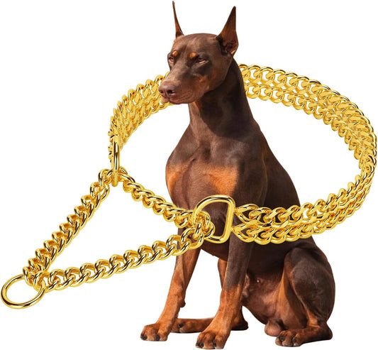 Gold 18K Gold Dog Chain Collar - Stainless Steel, Adjustable, Chew Proof, Cuban Link, Double Row, Walking Collar for Large, Small, Medium Dogs