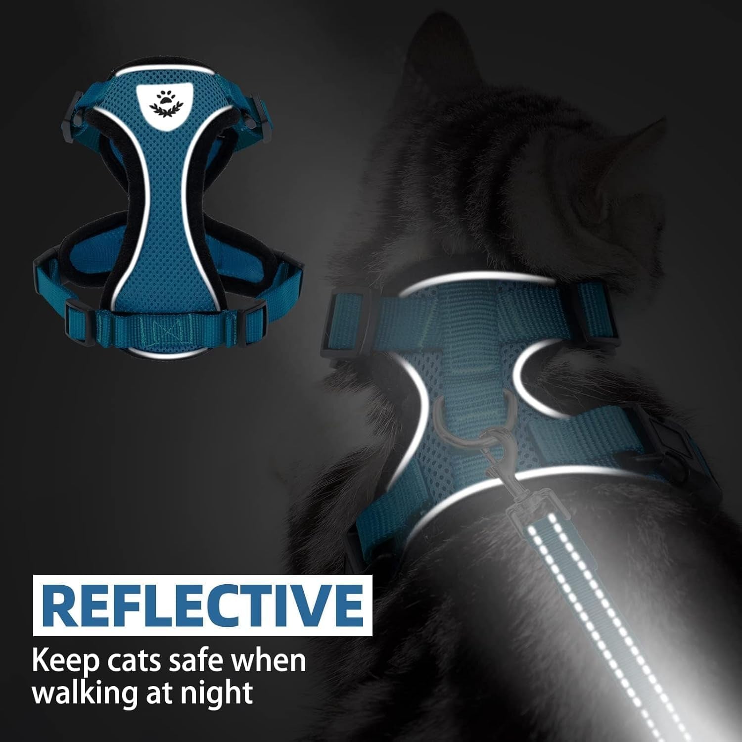 Cat Harness and Leash Set Escape Proof Reflective Cat Walking Harness Adjustable Soft Breathable Mesh Vest for Small Pets, Blue, M
