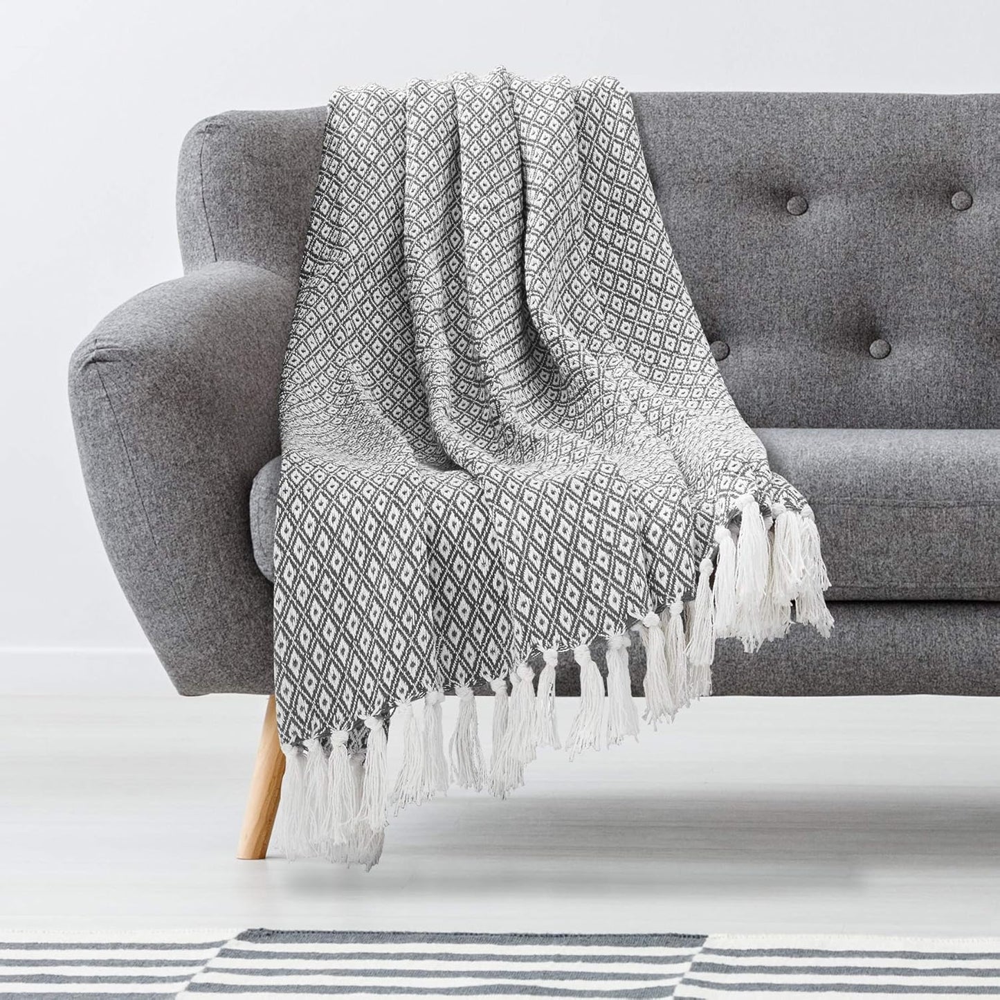 50X60 Throw Blanket - Soft and Breathable Cotton Throw Blanket for Couch, Bed, Chair - Decorative Blankets Perfect for Home or Outdoor Use - Cloud Grey and White Mini Diamond Design