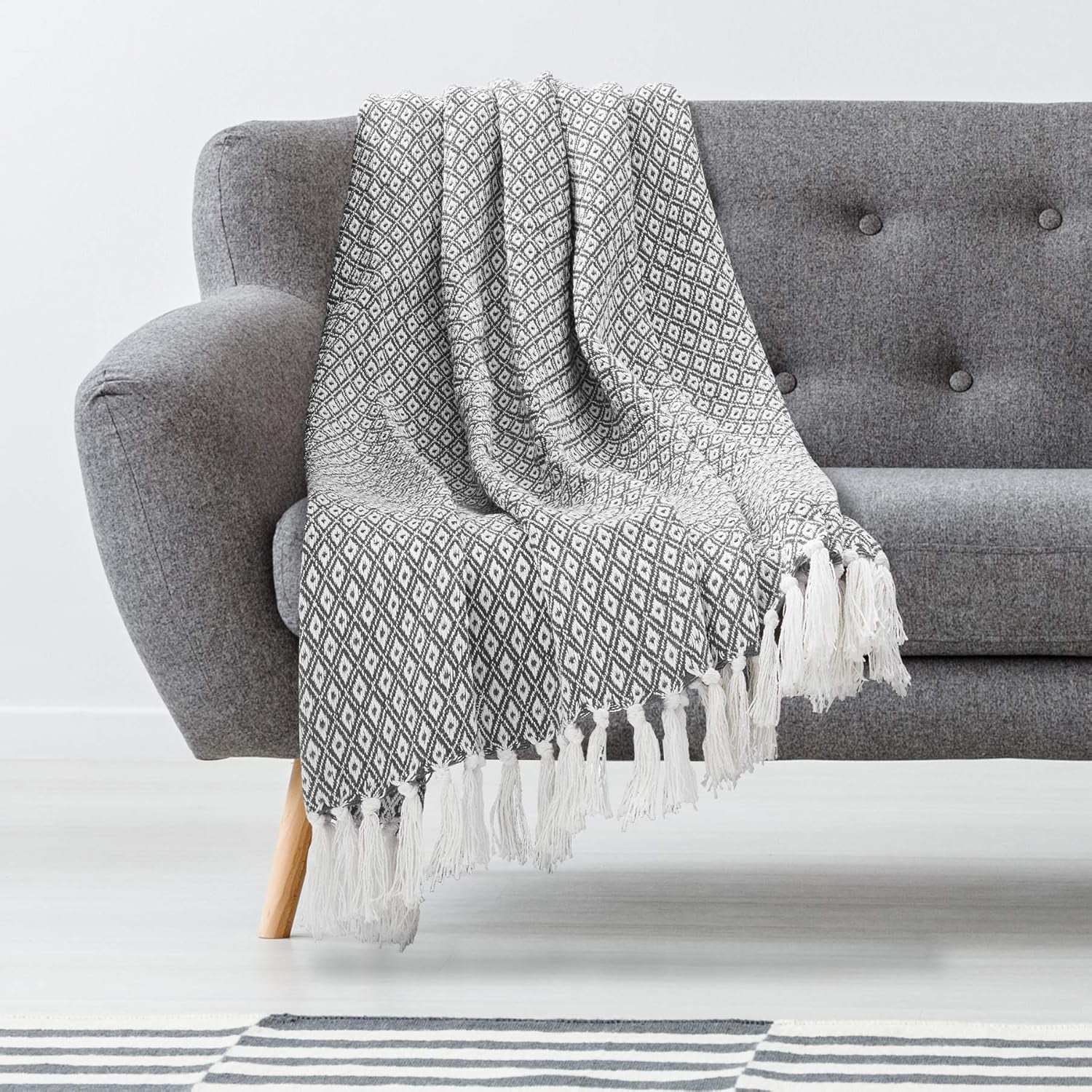 50X60 Throw Blanket - Soft and Breathable Cotton Throw Blanket for Couch, Bed, Chair - Decorative Blankets Perfect for Home or Outdoor Use - Cloud Grey and White Mini Diamond Design
