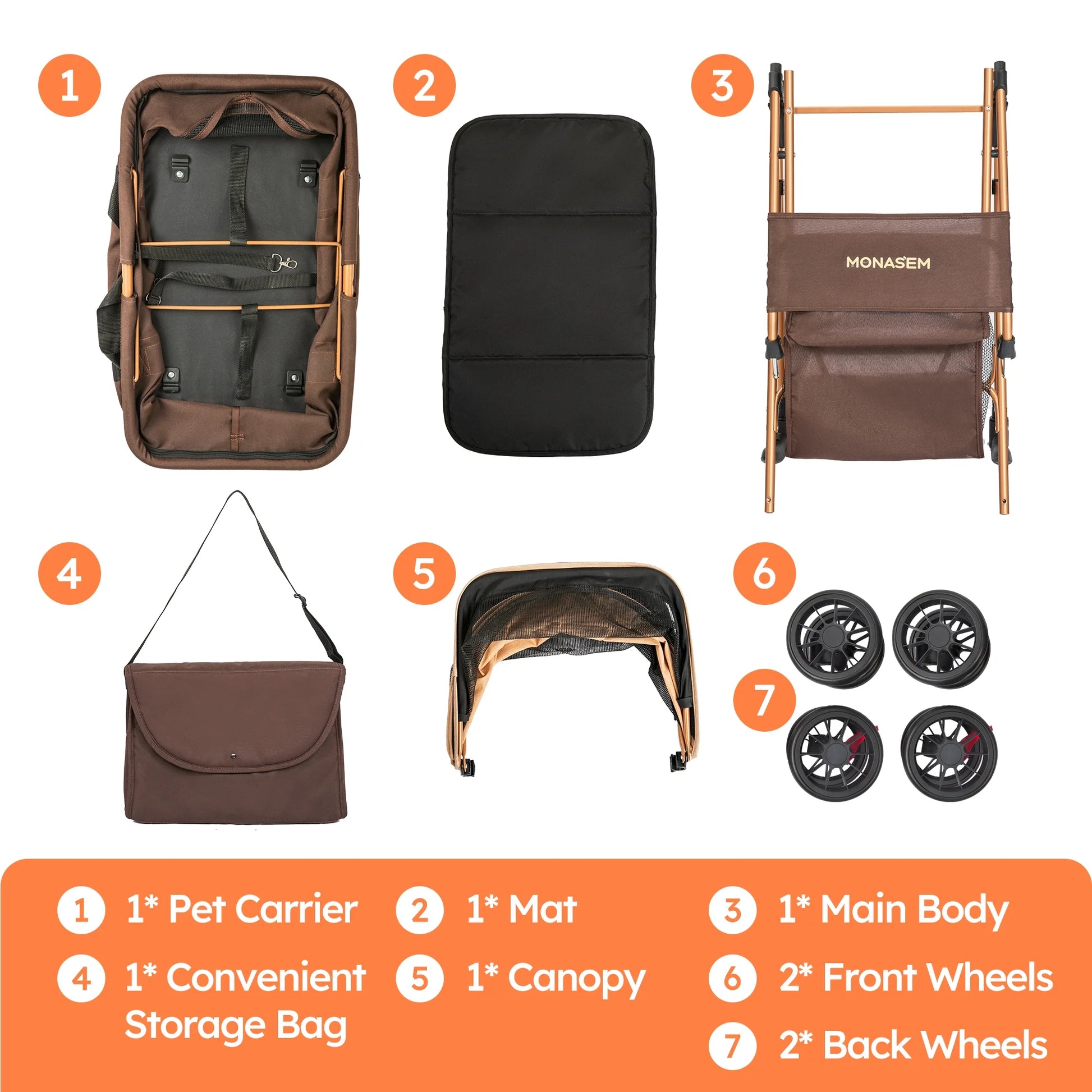 3-In-1 Pet Stroller, Foldable 4-Wheel Cat & Dog Stroller with Detachable Carrier, Canopy and Storage Basket, up to 60Lbs, Brown