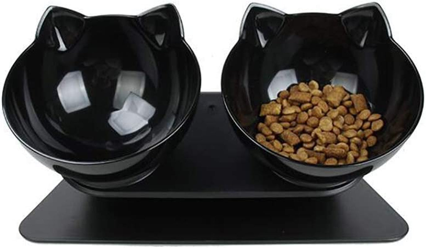 Double Elevated Cat Bowls with Raised Stand, 15 Tilted Cat Bowl Design Neck Guard Stand Raised Pet Food Water Feeder Bowl for Cats or Small Dogs