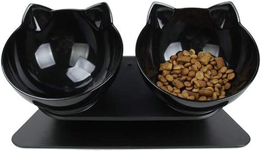 Double Elevated Cat Bowls with Raised Stand, 15 Tilted Cat Bowl Design Neck Guard Stand Raised Pet Food Water Feeder Bowl for Cats or Small Dogs