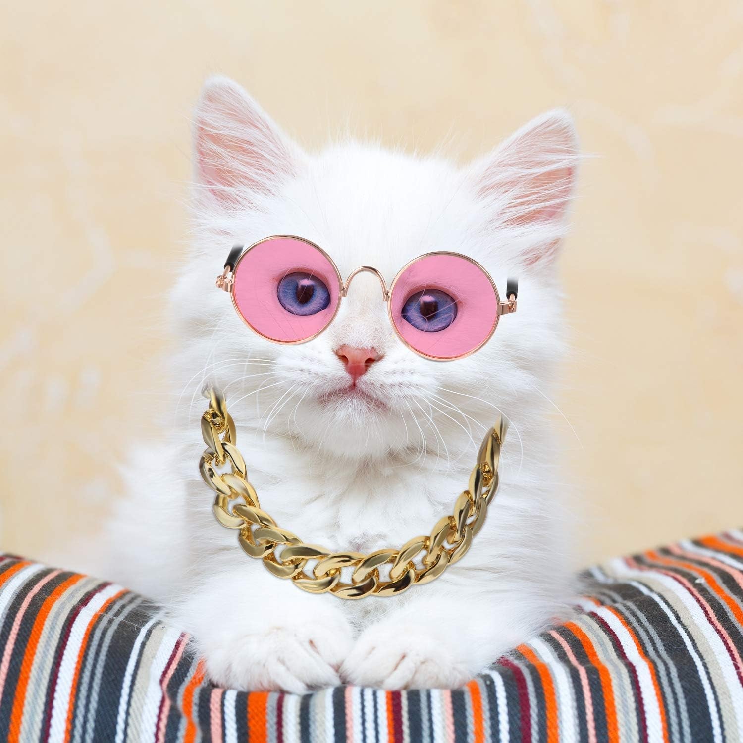 7 Pcs Dog Sunglasses Cats Sunglasses with 2 Gold Chain Retro round Metal Glasses Funny Cute Cosplay Costume for Small Pet(Vivid Colors,Lovely Style)