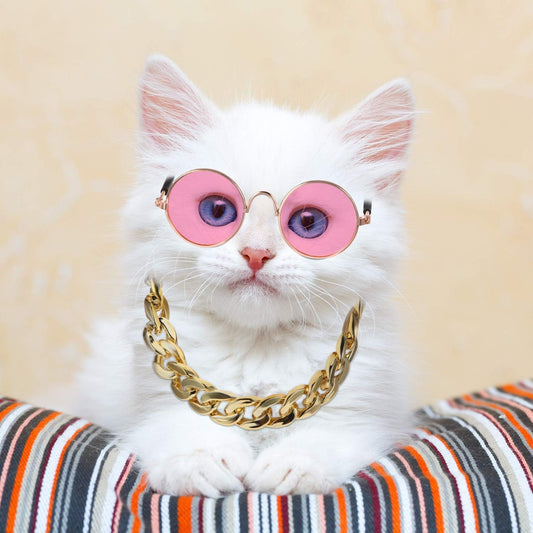 7 Pcs Dog Sunglasses Cats Sunglasses with 2 Gold Chain Retro round Metal Glasses Funny Cute Cosplay Costume for Small Pet(Vivid Colors,Lovely Style)