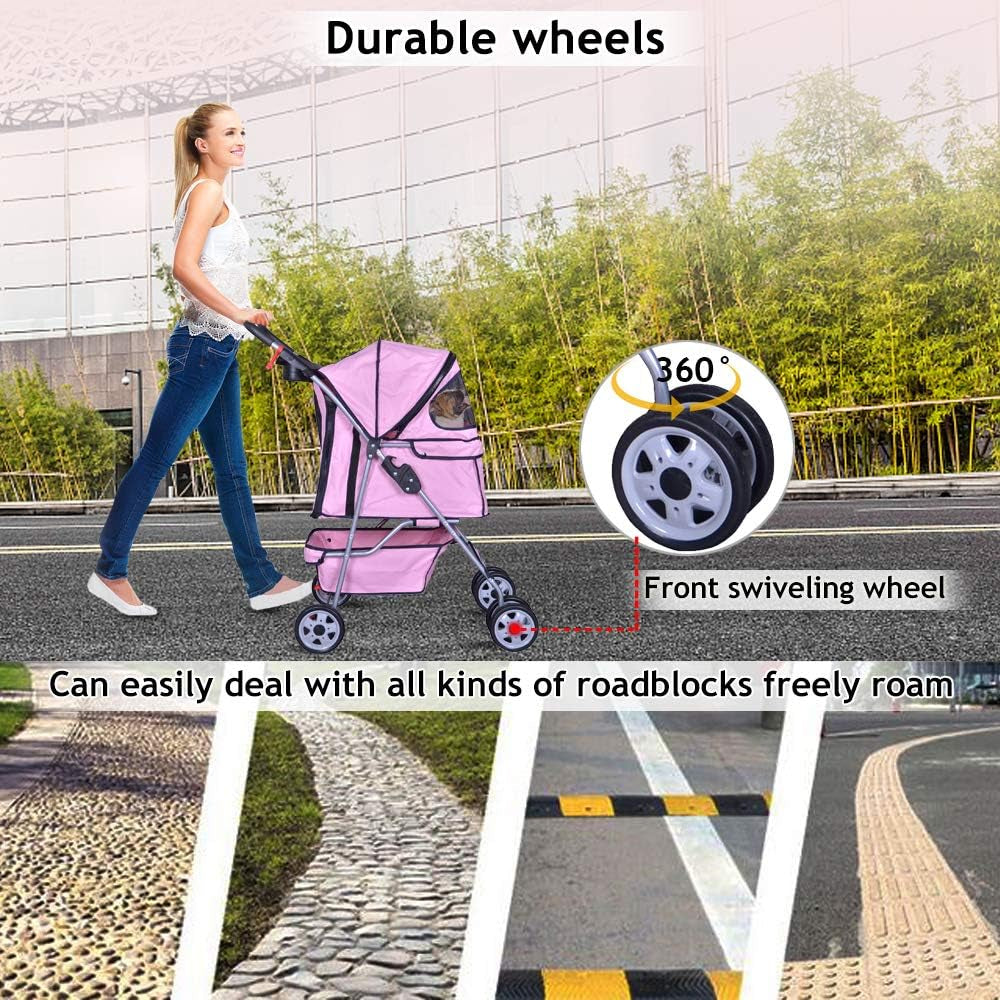 4 Wheels Pet Stroller Cat Dog Cage Stroller Travel Folding Carrier with Cup Holders and Removable Liner for Small-Medium Dog, Cat (Pink)