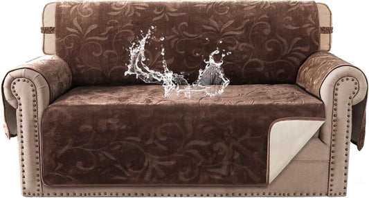 Sofa Slipcover 100% Waterproof Couch Cover Velvet Classic Flower Pattern Furniture Protector Non Slip with Elastic Straps for Pets Dogs Width up to 52 Inch (Medium Sofa, Chocolate)