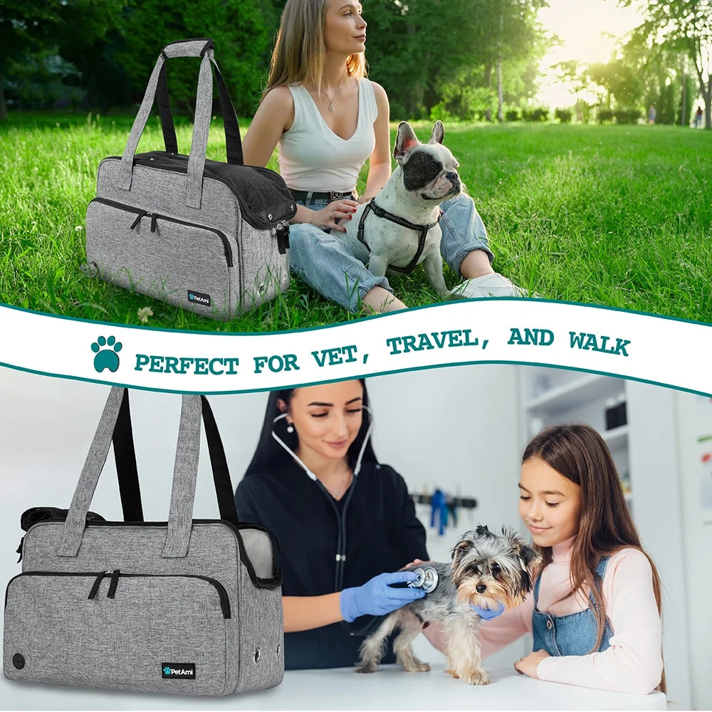 Small Dog Purse Carrier, Soft-Sided Pet Carrier Bag with Pockets, Portable Medium Dog Puppy Large Cat Travel Handbag Tote, Airline Approved Breathable Mesh, Poop Bag Dispenser, Sherpa Bed, Gray
