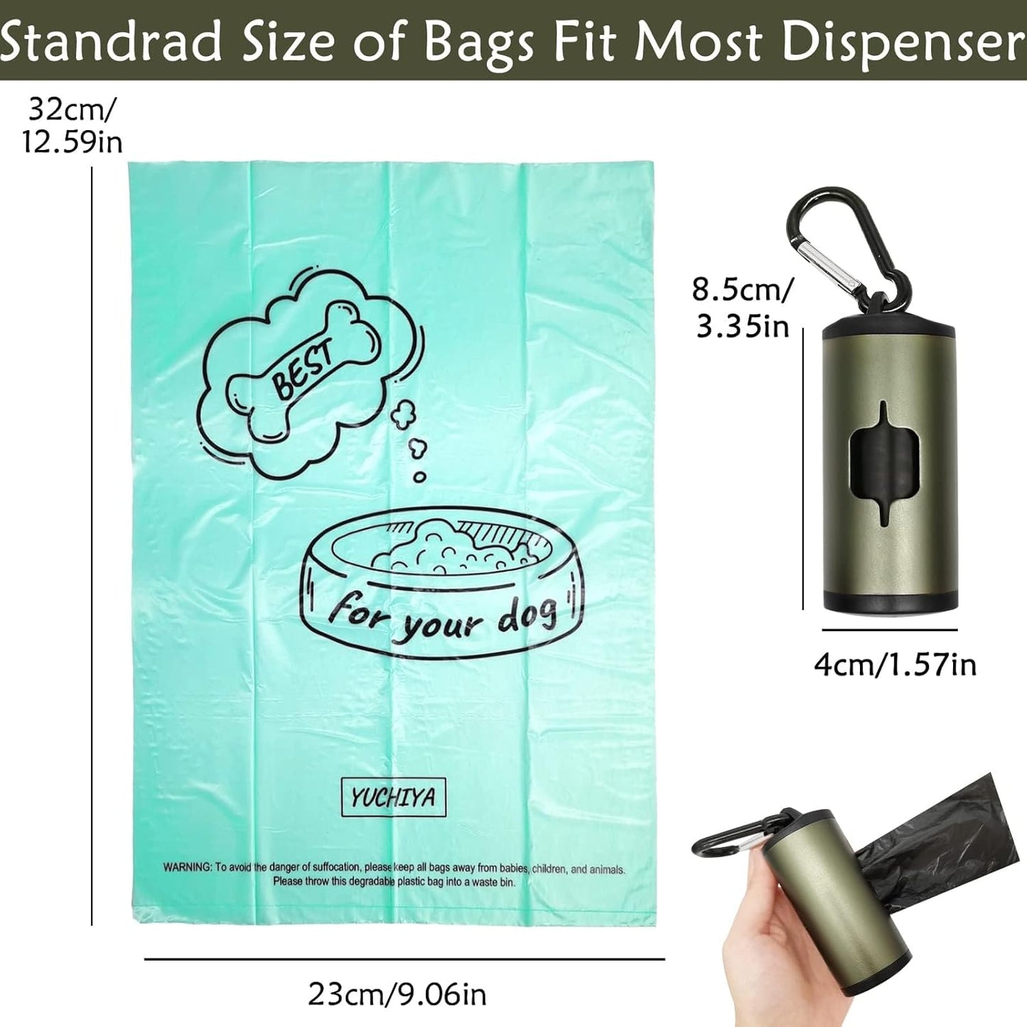 Aluminum Dog Poop Bags Holder with Carabiner Metal Pet Waste Bags Dispenser with Hook and Loop Fastener and Elastic Cord to Carry Used Bags (Olive Green)