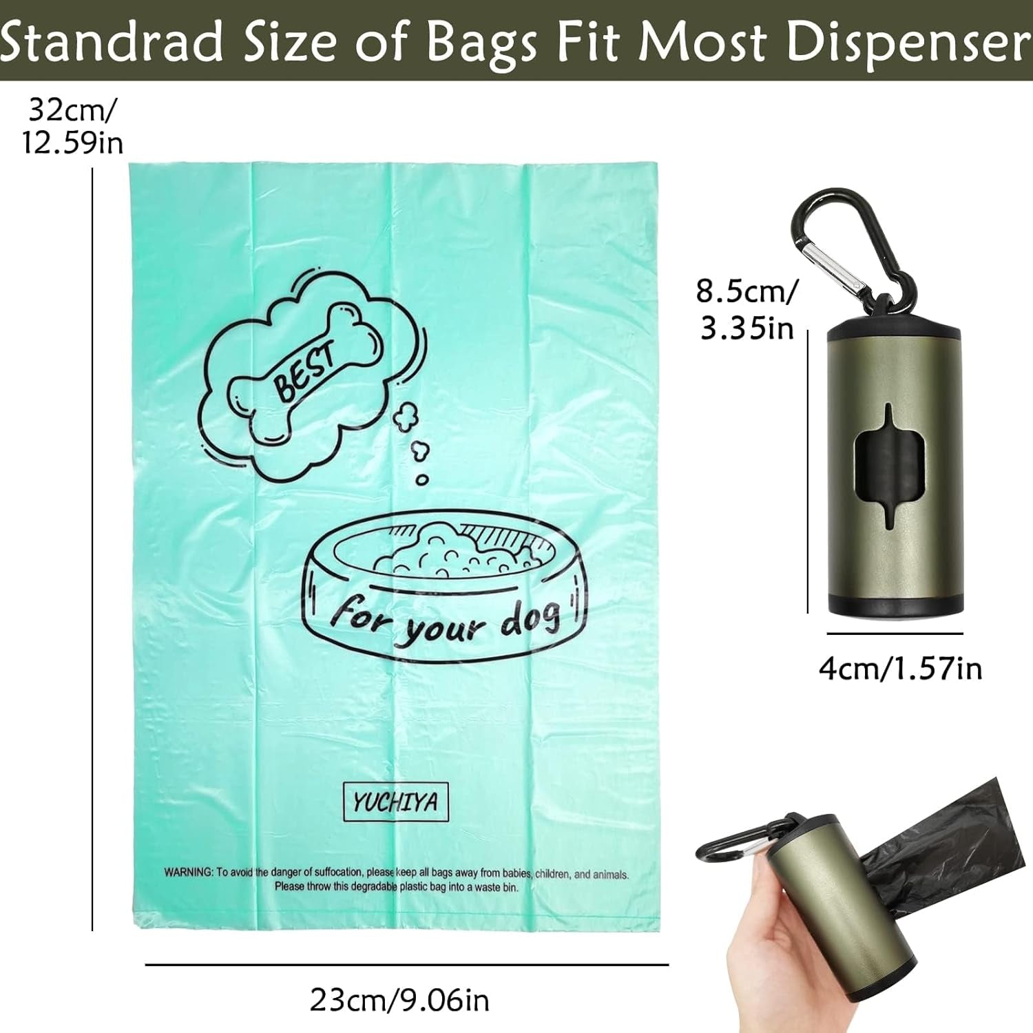 Aluminum Dog Poop Bags Holder with Carabiner Metal Pet Waste Bags Dispenser with Hook and Loop Fastener and Elastic Cord to Carry Used Bags (Olive Green)