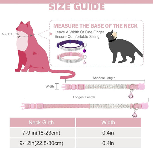 Soft Velvet Safe Cat Collars for Girl Cats -2 Pack Rhinestones Bling Diamante Adjustable Collars Breakaway- Chirstmas Cat Clollar Gifts with Bells for Boy Cats Kitty and Small Dogs