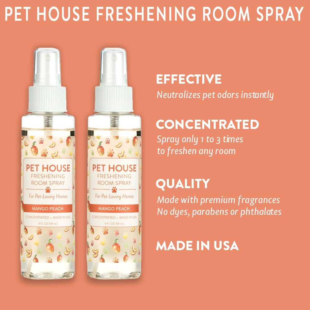 Concentrated Room Spray 4 OZ Dog and Cat Friendly Air Freshener for Pet Odor, Mango Peach, Pack of 2