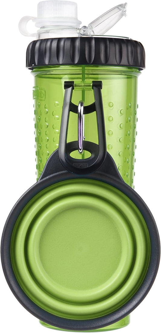 Popware for Pets Snack Duo Dual Chambered Hydration Bottle and Snack Container with Collapsible Pet Cup, Green