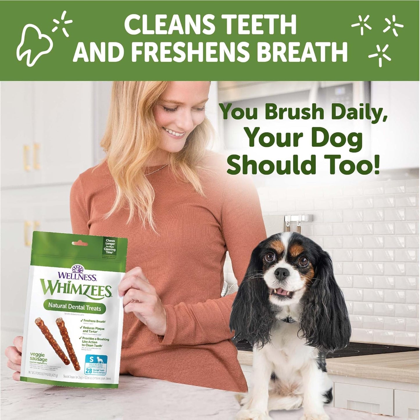 Wellness Veggie Sausage Dog Dental Treats, Natural Chews, Small Size Stick, (28 Count)
