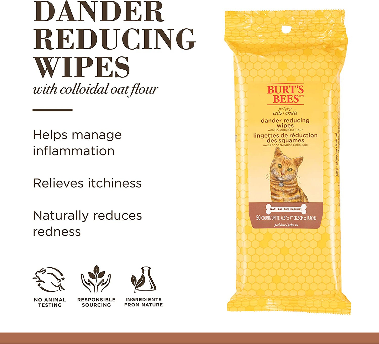 Cat Dander Wipes with Colloidal Oat Flour, 98% Natural Origin Formulas, Cats Dandruff Remedy, Feline Cleansing Sheets for Allergy Relief, 3Pk, 50Ct