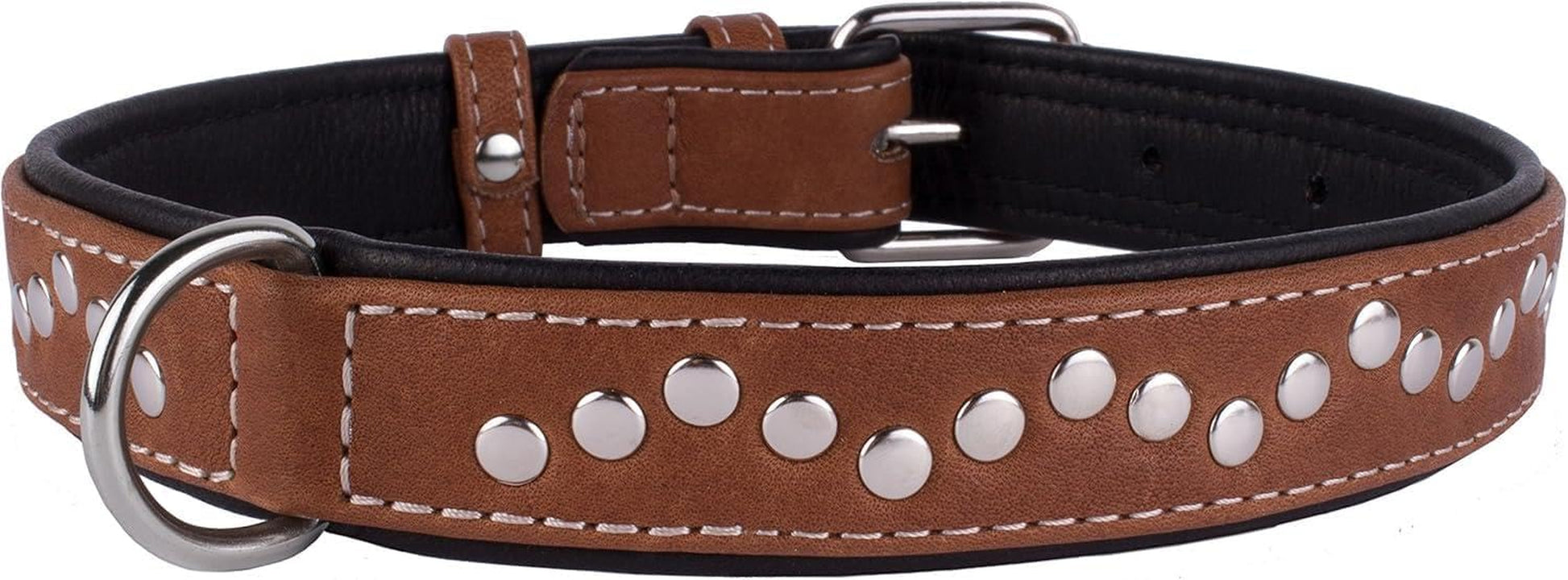 Studded Dog Collar Leather Pet Collars for Dogs Small Medium Large Puppy Soft Padded Brown Black (Brown, Neck Fit 17" - 19")