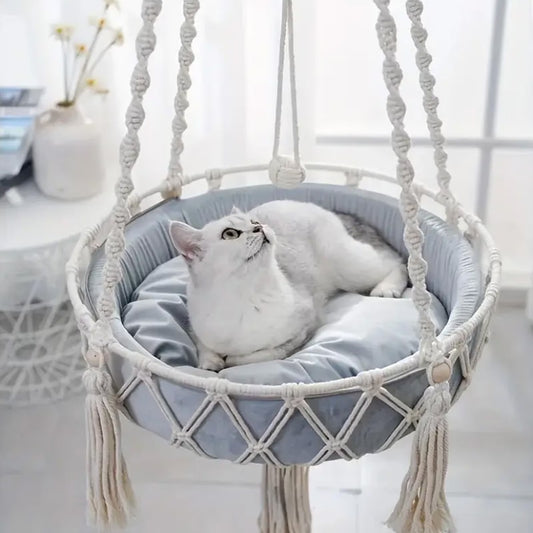 Hand Woven Kittens Hammocks Hanging Cat Bed, Cozy Cat Swings, Bohemian Style Pet Accessories, Elevated Cat Basket for Relaxation, Durable and Easy to Clean Cat Furniture