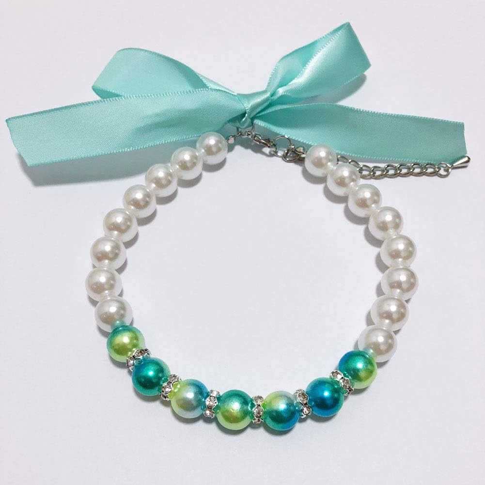 Ombre Pearls Dog Necklace Jewelry for Small Dogs Puppy - Bling Rhinestones Cat Wedding Collar - Chihuahua Yorkie Girl Clothes Costume Outfits Accessories (Ombre Blue, Size S)
