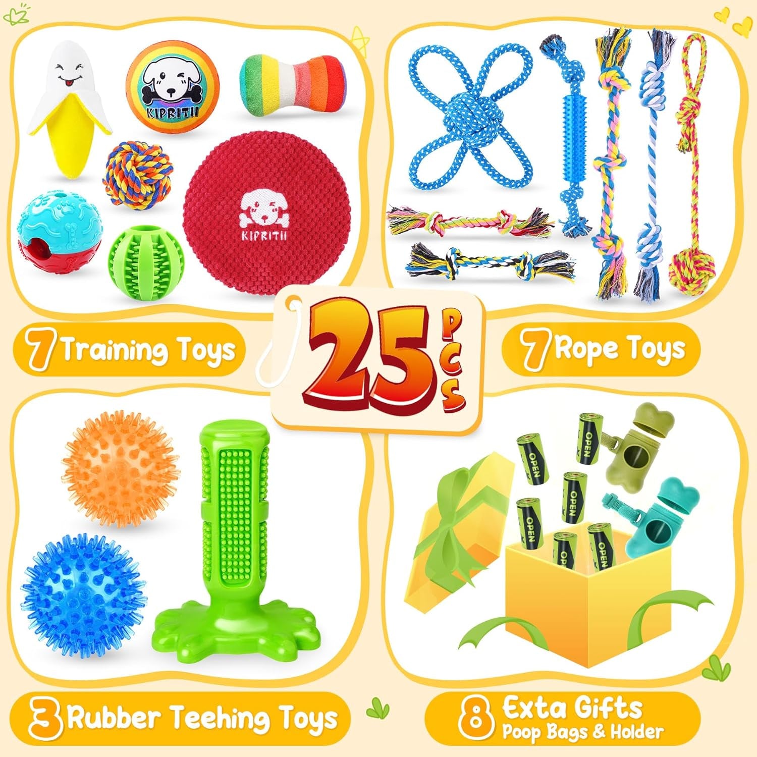 25 Pack Dog Toys Set – Ideal for Teething, Entertainment & Interactive Play, Includes Puppy Toys, Rope Toys, Treat Balls and Squeaky Dog Toys