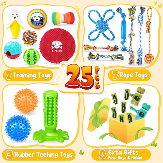25 Pack Dog Toys Set – Ideal for Teething, Entertainment & Interactive Play, Includes Puppy Toys, Rope Toys, Treat Balls and Squeaky Dog Toys