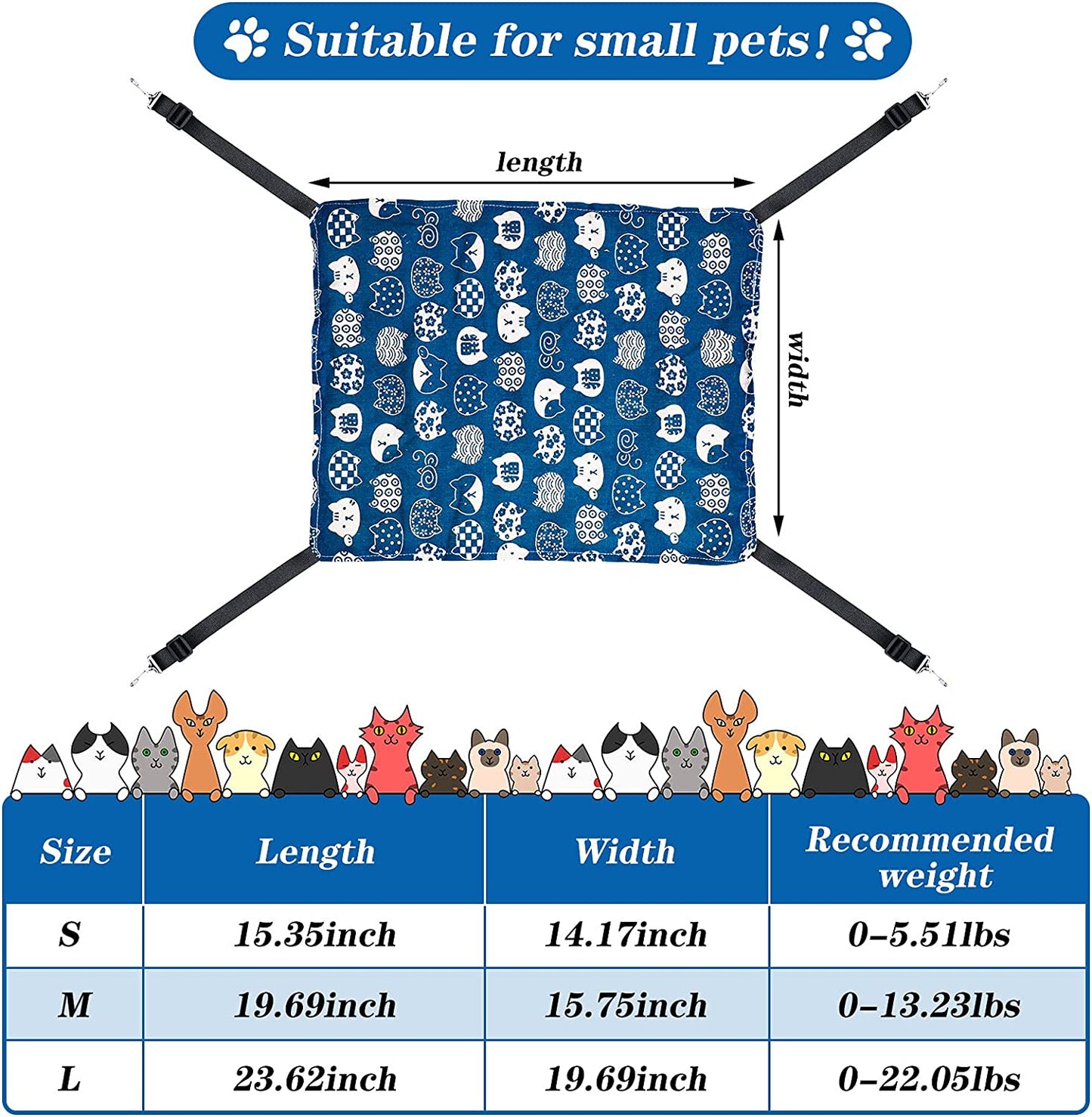 2 Pieces Reversible Cat Hanging Hammock Soft Breathable Pet Cage Hammock with Adjustable Straps and Metal Hooks Double Sided Hanging Bed for Small Dogs Rabbits(Cat and Plaid,S)