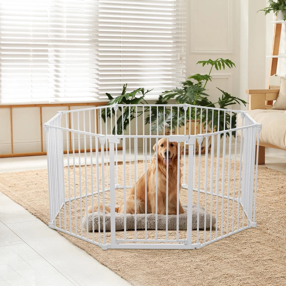 Baby Gates, 8Panel 198" Extra Wide 30" Tall Baby Gates Fireplace Fence Toddler Playard, White