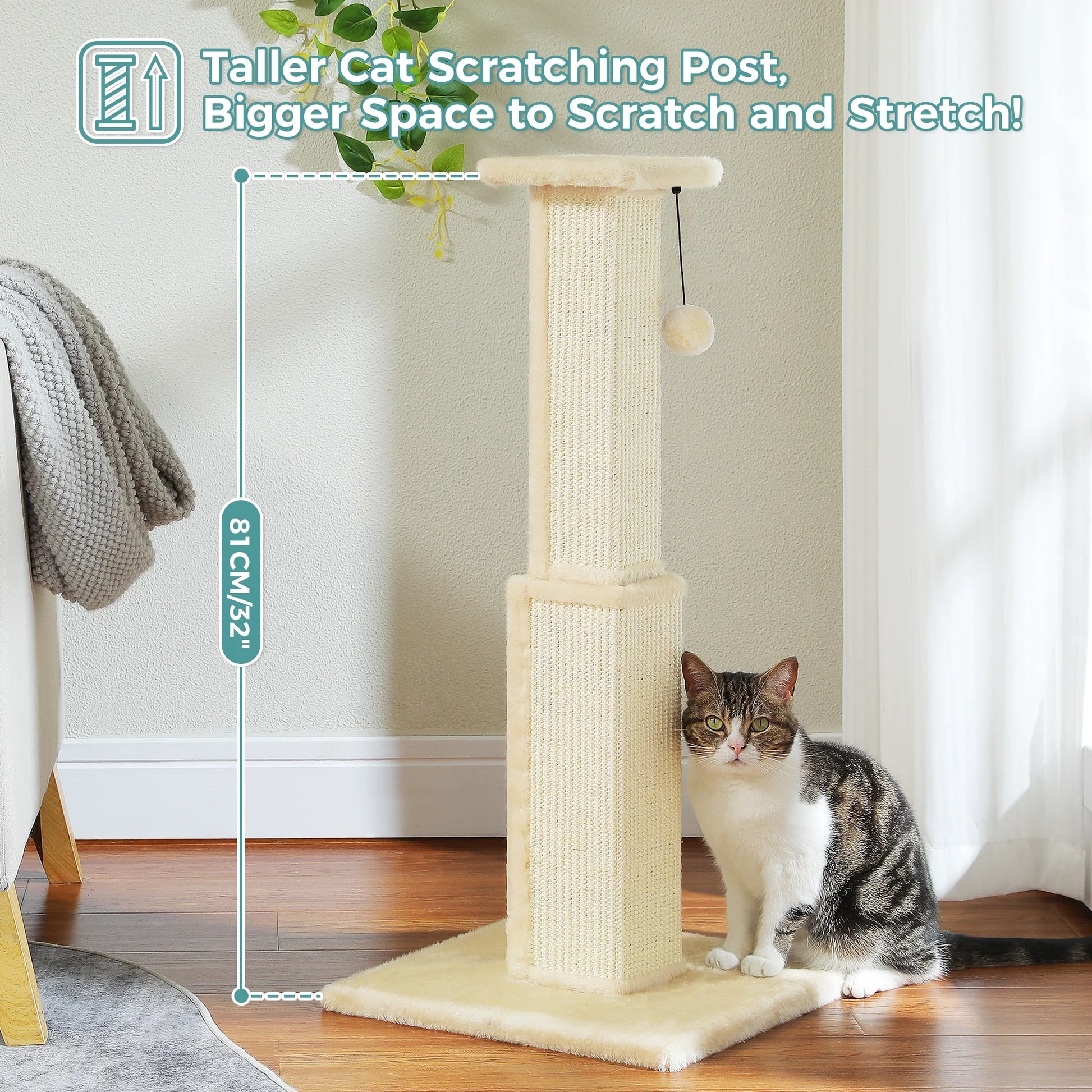 31" Natural Sisal Cat Scratching Post Indoor Cat Scratcher with Plush Large Base, Beige